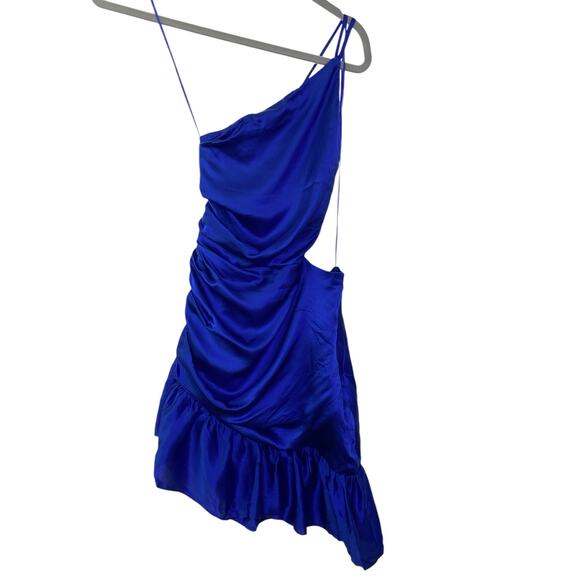 Amanda Uprichard Nicoletta Silk Mini Dress One Shoulder Ruffle Hem Lapis Size S - Picture 4 of 10